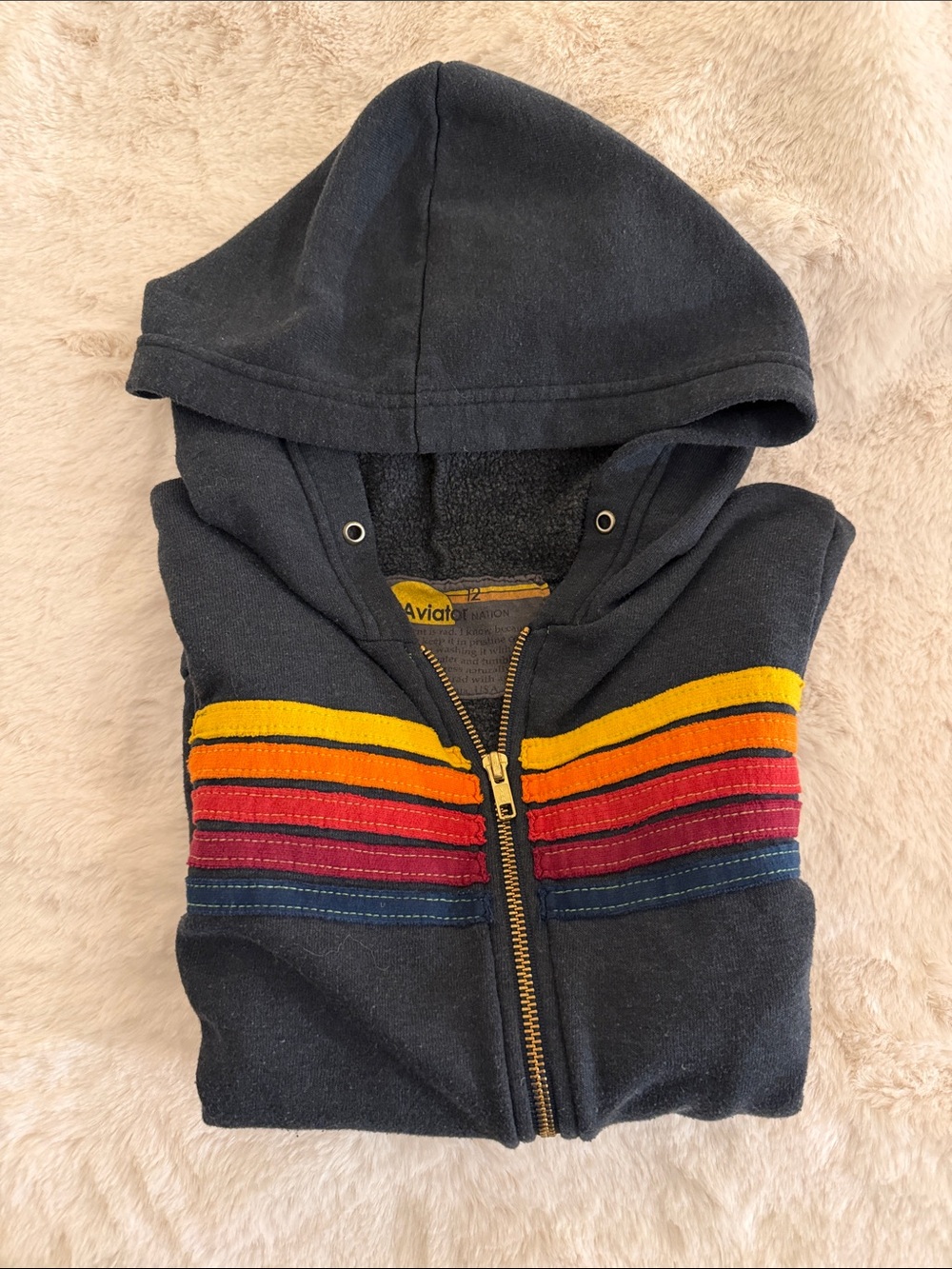 Aviator Nation Navy Kids Zip Hoodie with Rainbow Stripe